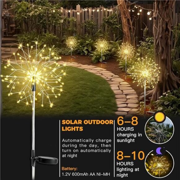 Solar Garden Lights Outdoor Waterproof Decorative, 2Pack 150LED Firework - Picture 3 of 7
